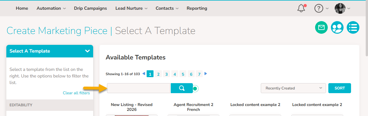The "select email template" step shows the various templates in the system. An arrow points to the "Search" field at the top.