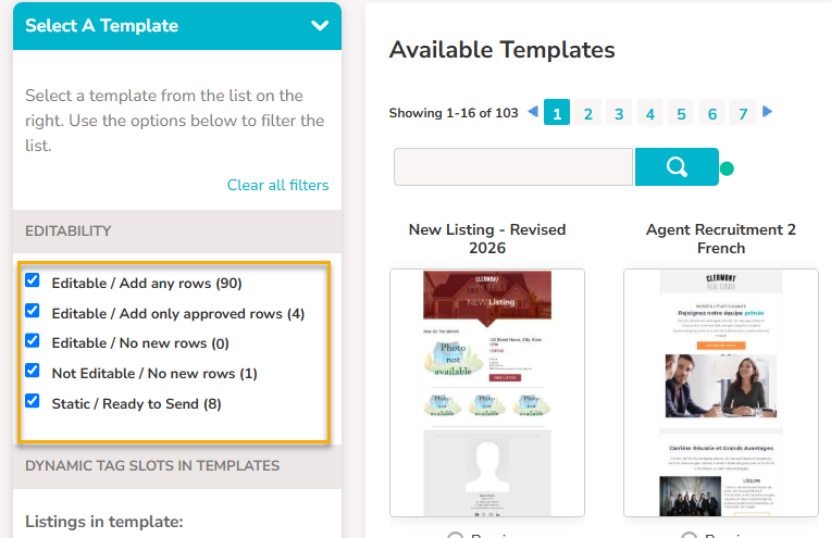 The "Filters" are exposed on the left hand side. A box is drawn around the editability checkboxes that can be used to filter results.