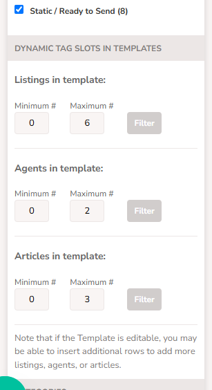 The Dyanamic Tag Slots in Templates area on the left shows configurable filters for Listings in template, Agents in template, and Articles in template.