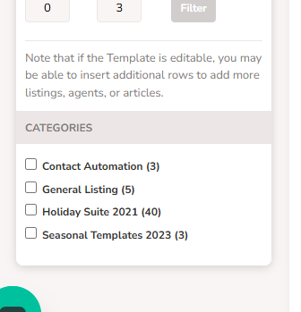 A Categories area in an account shows a few selectable groupings of templates at the bottom of the "Filters" area on the left.