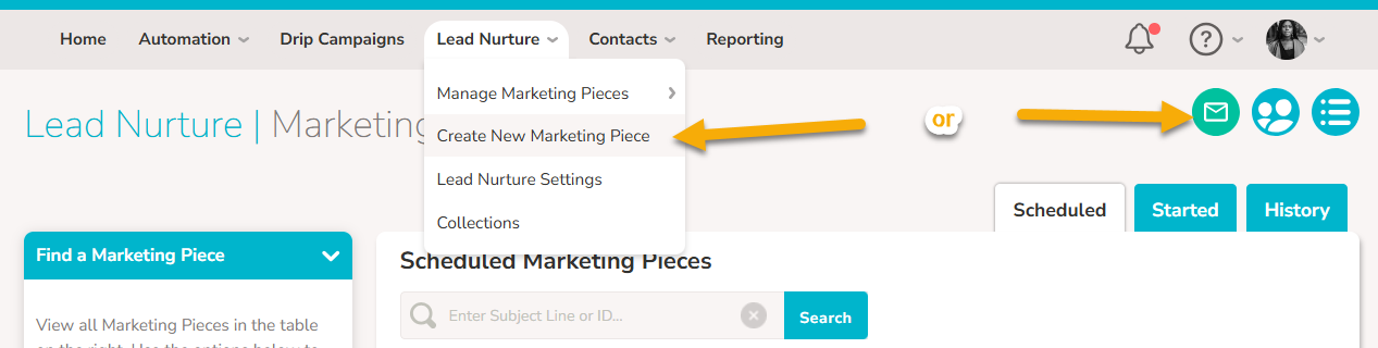 An image showing two options for creating a new email. The Lead Nurture drop down "Create New Marketing Piece" option or clicking the green "Email icon" button on a Lead Nurture page.