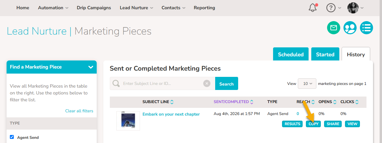 An arrow pointing to the "Copy" button under an email on the History tab of the Lead Nurture | Marketing Pieces page