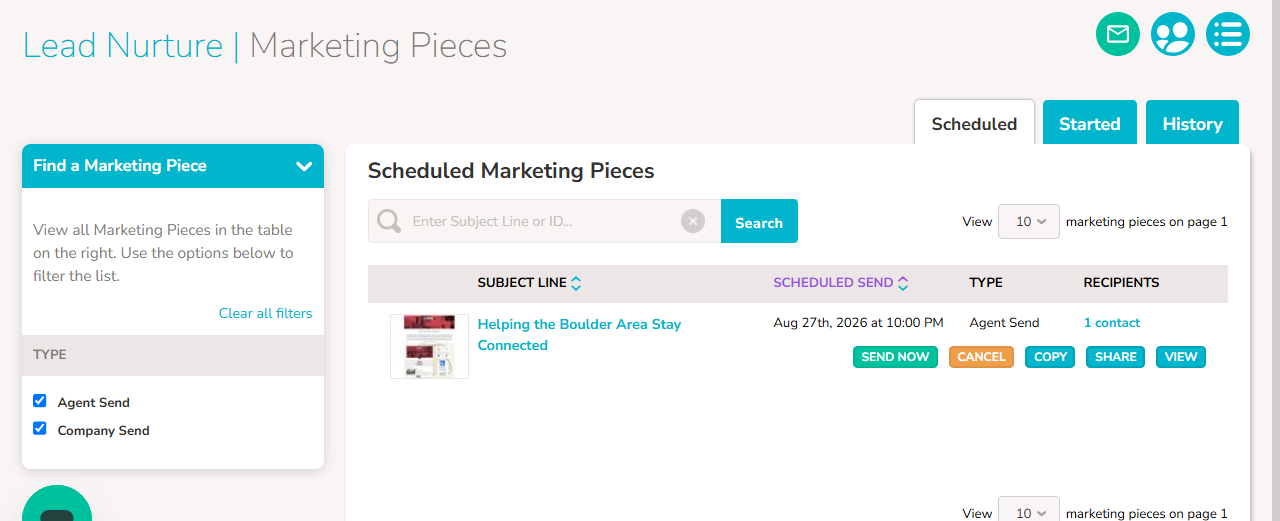 The "Lead Nurture | Marketing Pieces" Scheduled tab is shown. A scheduled piece is visible, with the Send Now, Cancel, Copy, Share, and View buttons underneath.