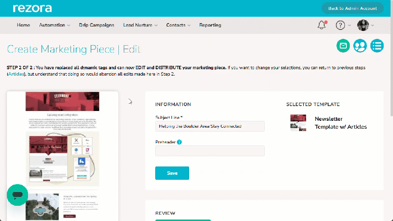 A gif showing the "Marketing Piece | Edit" page of a not yet sent piece. The user scrolls down to the bottom and clicks the "Create Public Link" button. They then copy the URL.