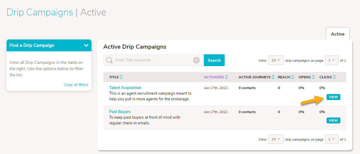 An arrow pointing to the View button on the right side of the Drip Campaigns page.