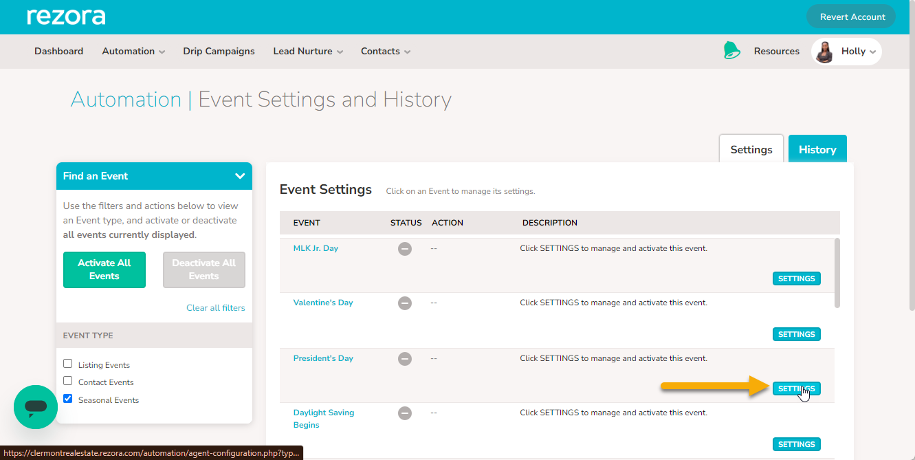 An image pointing to the "Settings" button for the President's Day Automation Event.