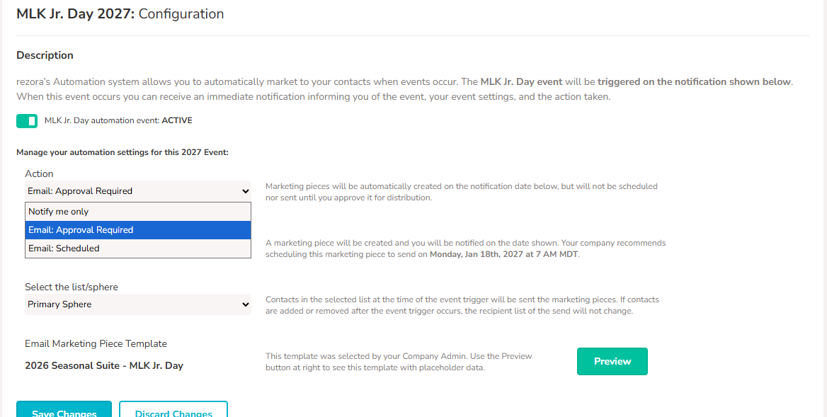 An image of the Configuration page for a Seasonal Event. The "Action" menu is expanded to show the options. The "Save Changes" button is present.