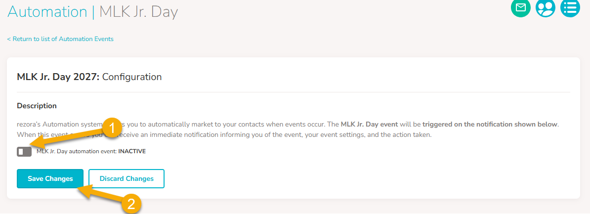 An image on the Automation Settings page for a Seasonal event shows an arrow pointing to the activation toggle. Then a second arrow pointing to the "Save Changes" button.