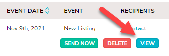 An arrow pointing tot he "View" button for an email on the Automation | Manage Marketing Pieces - Started tab