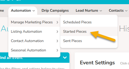 An image of the 'Automation - Manage Marketing Pieces - Started Pieces' navigation.