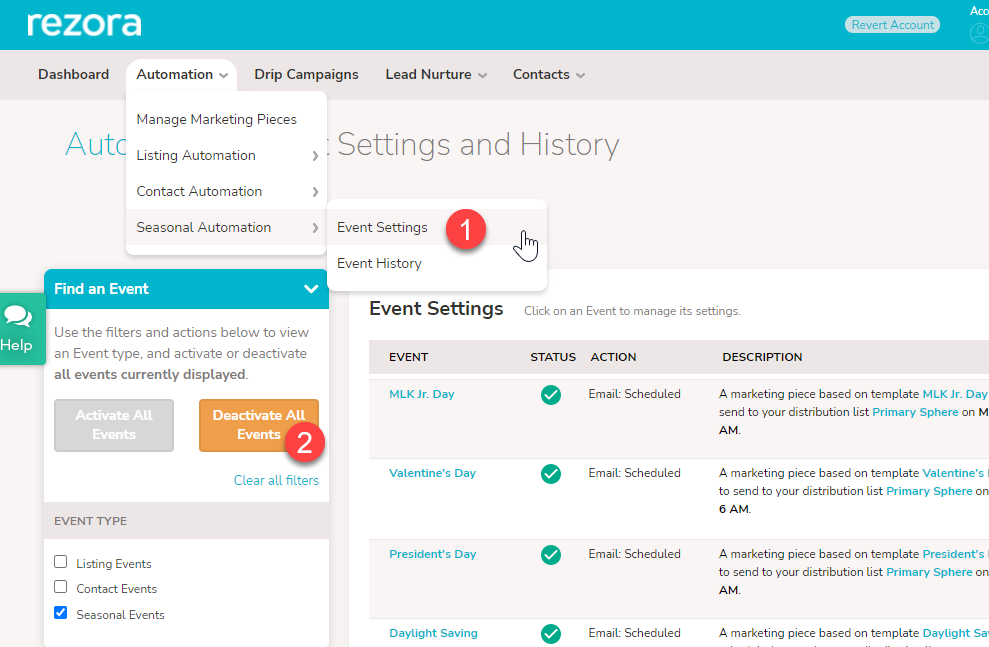 An image showing (1) the Automation > Seasonal Automation > Event Settings selection process. Then (2) the "Deactivate All Events" button.