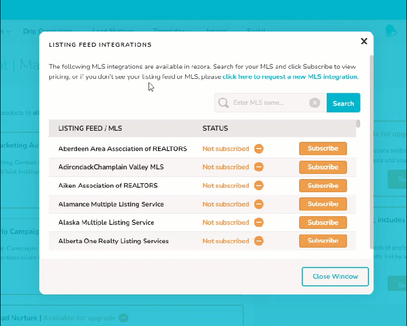 A gif showing the "Subscribe to MLS" process. A listing feed is selected and the boxes for entry are shown. The "Proceed to Payment" button is clicked.