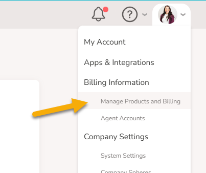 An arrow pointing to Manage Products and Billing under the profile picture drop down.