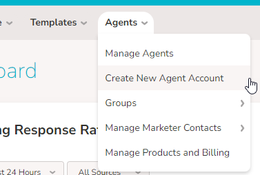 An image of the "Agents" menu expanded and the "Create new Agent account" option is selected.