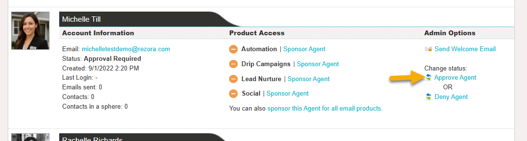 On the "Agents" page, an arrow points to the "Approve Agent" button on the right of an agent details area.