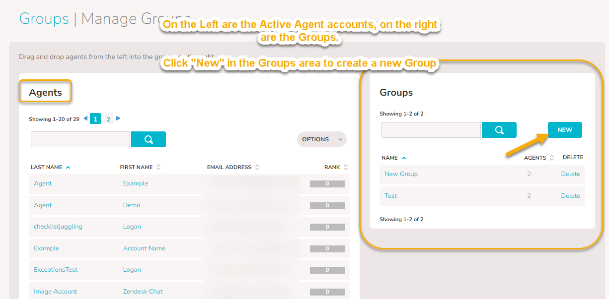 An image showing the Groups | Manage Groups page. On the left is the "Agents" area with agent names, and the right, the Groups area with an arrow pointing to the "New" button, used to create a new Group of agents as an admin.
