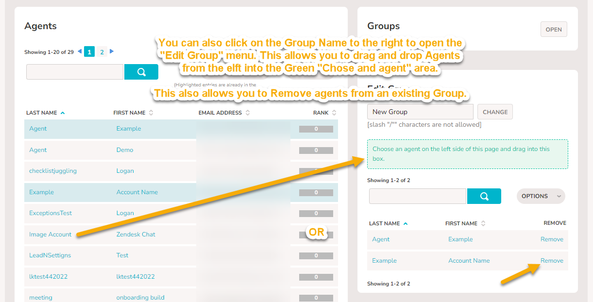 An image depicting adding an agent into the 'Choose an agent on the left side of this page and drag into this box" method of adding an agent to a Group. A small arrow in the "Edit Group" area shows how to remove an agent from the Group by clicking the "Remove" button next to a name.