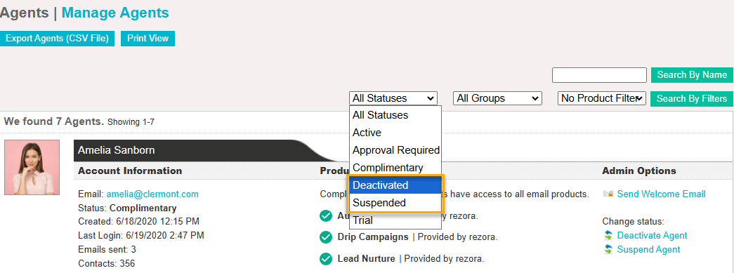 An image of the Agents page with the "All Statuses" menu expanded. A box highlights the "Deactivated" and "Suspended" statuses.