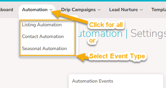 An arrow points to "Automation" at the top of the company admin account. The first arrow says "Click for all". A second arrow shows the different event types (Listing, Contact, and Seasonal automation) with text that says "Select event type"