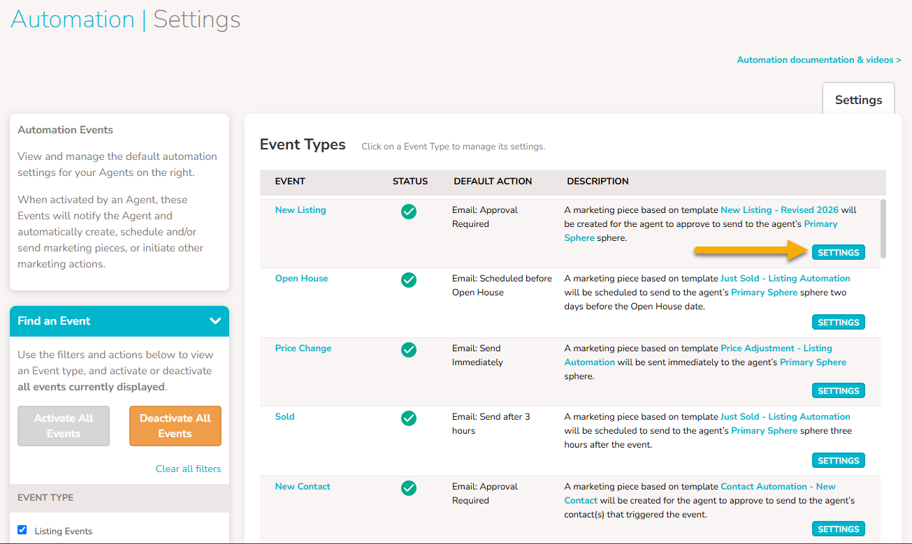 An image showing an arrow pointing to the "Settings" button next to an event type.