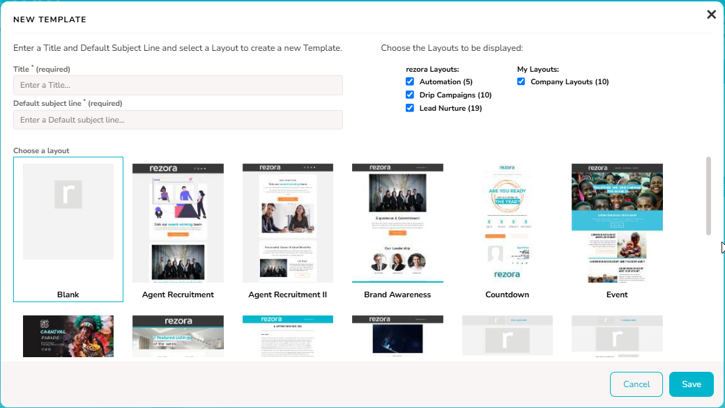 An image showing the "New Template" interface that allows you to set your TItle and Default subject line, then use a starter layout or start from a Blank design.