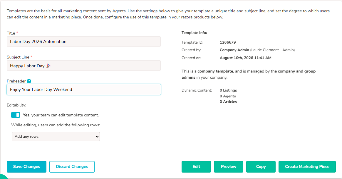 The Template Details page of a template that is geared toward Labor Day. The Title, Subject Line, and Preheader are all filled with content. The "Save Changes" button needs to be clicked.
