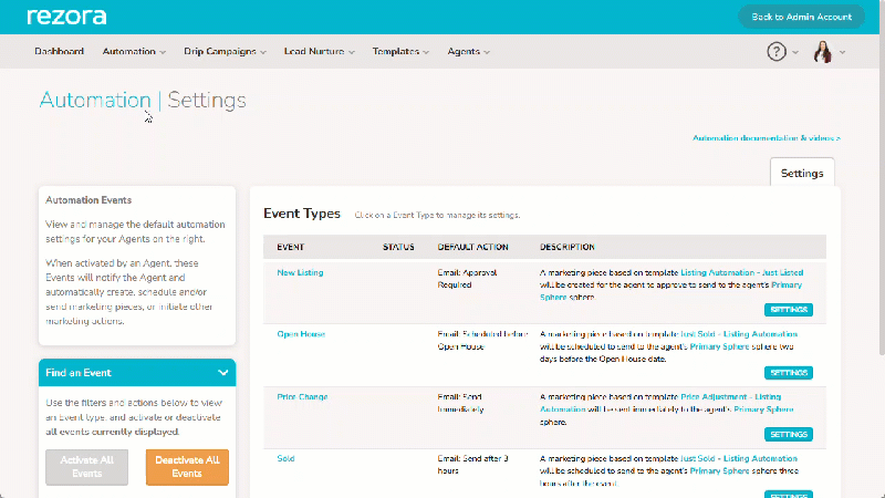 A gif showing the "New Listings" settings button clicked. On the next page, the Change Template option is used to select a new template. The Save Changes button is then used to save the new template in place for the automation event.