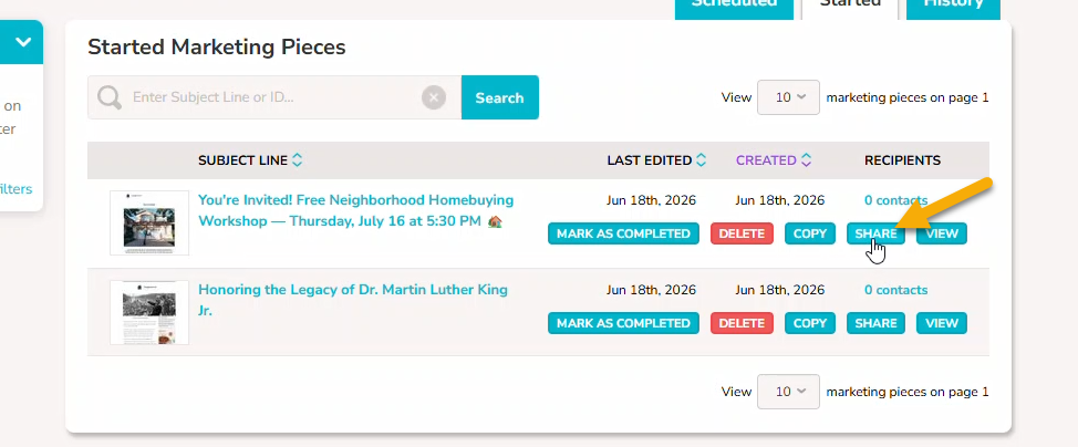 The "Lead Nurture | Manage Marketing Pieces" page with the "Started" tab selected.. The "Share" button next to an email is blue and clickable. An arrow points to it.