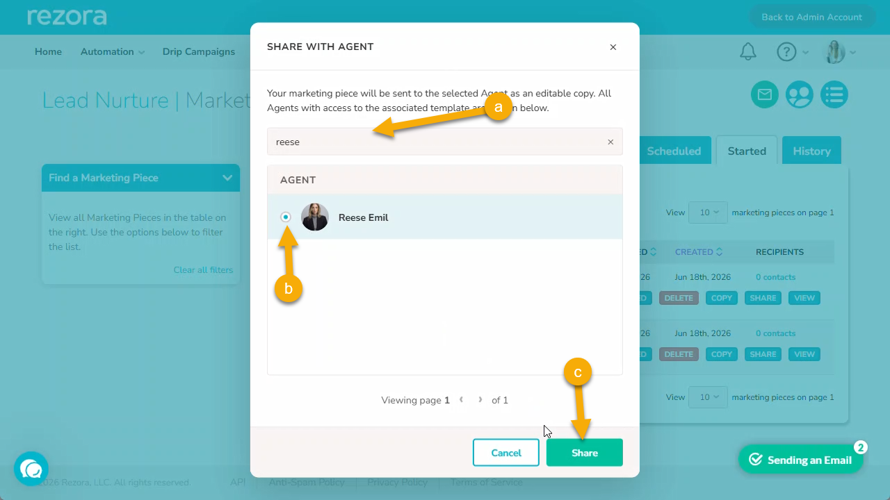 The Share with Agent modal open with a searched name in the search field. The Agent has been selected, and an arrow points to the Share button at the bottom right.