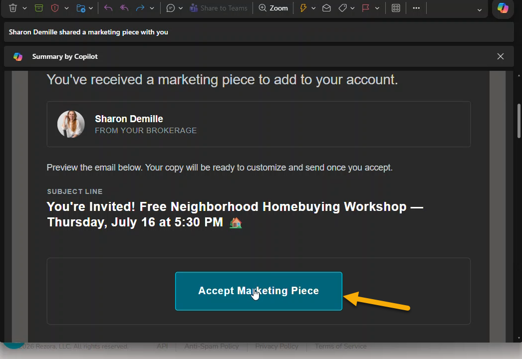 An "*agent name* shared a marketign piece with you" email open in the inbox. This is the recipient view. An "Accept Marketing Piece" button is shown.